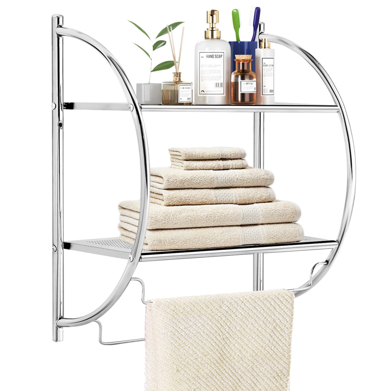 Costway Wall Mounted Bathroom Shelf with 2 Tier Bathroom Towel Rack 2 Towel Bars for Hotel White/Sliver